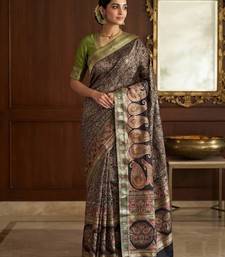 Black Color Kasmiri Motif Jungal Flowers Jaal Weaving With Naylon Viscose Kasmiri Pasmina Silk Saree