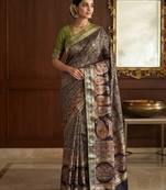 Black Color Kasmiri Motif Jungal Flowers Jaal Weaving With Naylon Viscose Kasmiri Pasmina Silk Saree