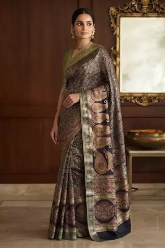 Black Color Kasmiri Motif Jungal Flowers Jaal Weaving With Naylon Viscose Kasmiri Pasmina Silk Saree