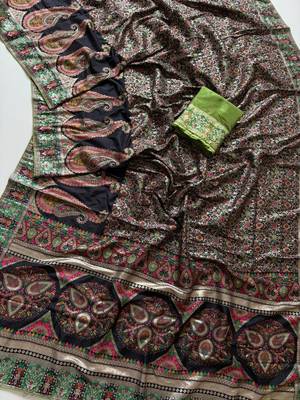 Black Color Kasmiri Motif Jungal Flowers Jaal Weaving With Naylon Viscose Kasmiri Pasmina Silk Saree 3