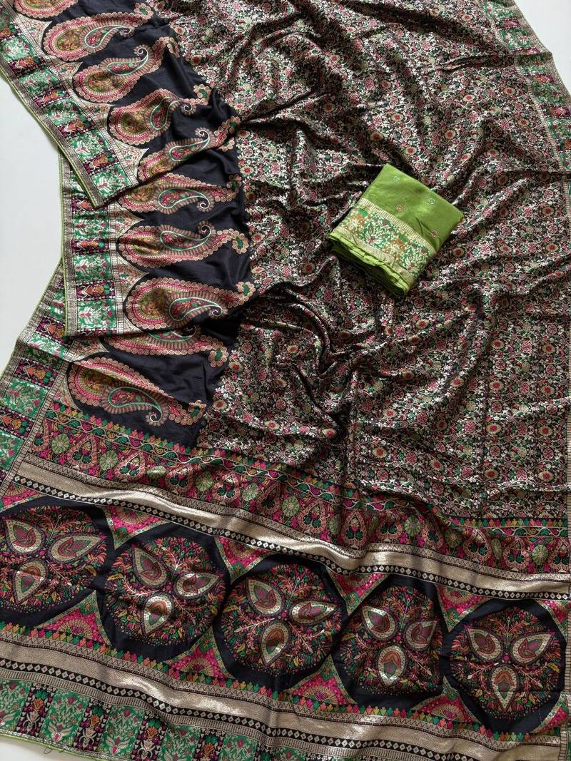 Black Color Kasmiri Motif Jungal Flowers Jaal Weaving With Naylon Viscose Kasmiri Pasmina Silk Saree