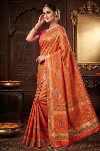 Orange Kasmiri Motif Jungal Flowers Jaal Weaving With Naylon Viscose Kasmiri Pasmina Silk Saree