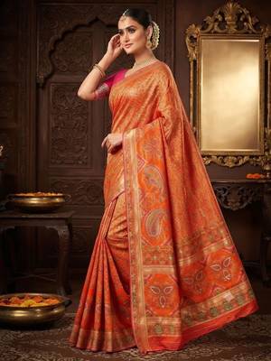 Orange Color Kasmiri Motif Jungal Flowers Jaal Weaving With Naylon Viscose Kasmiri Pasmina Silk Saree 1