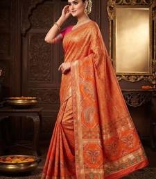 Orange Color Kasmiri Motif Jungal Flowers Jaal Weaving With Naylon Viscose Kasmiri Pasmina Silk Saree