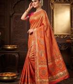 Orange Color Kasmiri Motif Jungal Flowers Jaal Weaving With Naylon Viscose Kasmiri Pasmina Silk Saree
