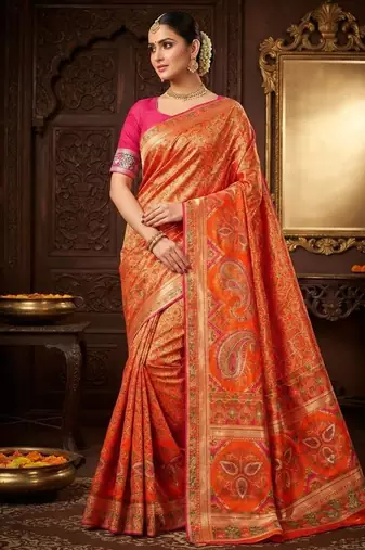 Orange Color Kasmiri Motif Jungal Flowers Jaal Weaving With Naylon Viscose Kasmiri Pasmina Silk Saree