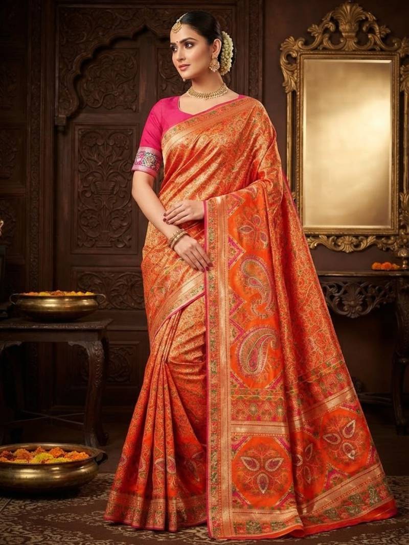 Orange Color Kasmiri Motif Jungal Flowers Jaal Weaving With Naylon Viscose Kasmiri Pasmina Silk Saree
