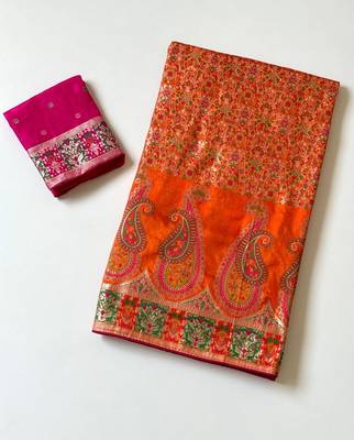 Orange Color Kasmiri Motif Jungal Flowers Jaal Weaving With Naylon Viscose Kasmiri Pasmina Silk Saree 4