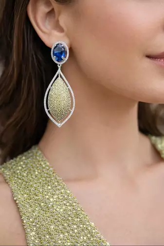Royal Blue Sapphire Lemon Quartz Pavé Diamond Statement Drop Earrings