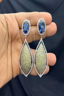 Royal Blue Sapphire Lemon Quartz Pavé Diamond Statement Drop Earrings 3