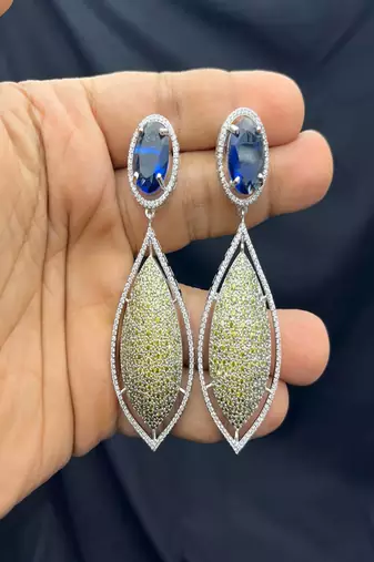 Royal Blue Sapphire Lemon Quartz Pavé Diamond Statement Drop Earrings