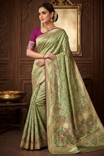 Light Parrot Green Kasmiri Motif Jungal Flowers Jaal Weaving With Naylon Viscose Kasmiri Pasmina Silk Saree