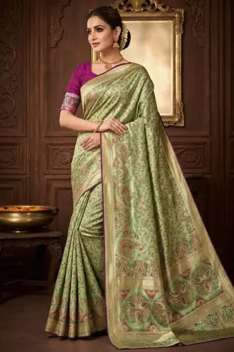 Light Parrot Green Color Kasmiri Motif Jungal Flowers Jaal Weaving With Naylon Viscose Kasmiri Pasmina Silk Saree