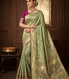 Light Parrot Green Color Kasmiri Motif Jungal Flowers Jaal Weaving With Naylon Viscose Kasmiri Pasmina Silk Saree