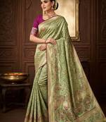 Light Parrot Green Color Kasmiri Motif Jungal Flowers Jaal Weaving With Naylon Viscose Kasmiri Pasmina Silk Saree