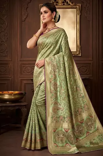 Light Parrot Green Color Kasmiri Motif Jungal Flowers Jaal Weaving With Naylon Viscose Kasmiri Pasmina Silk Saree