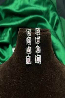 Art Deco Rose Pink Square Drop Earrings, Silver Cubic Zirconia Statement Dangle 2