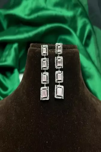 Art Deco Rose Pink Square Drop Earrings, Silver Cubic Zirconia Statement Dangle