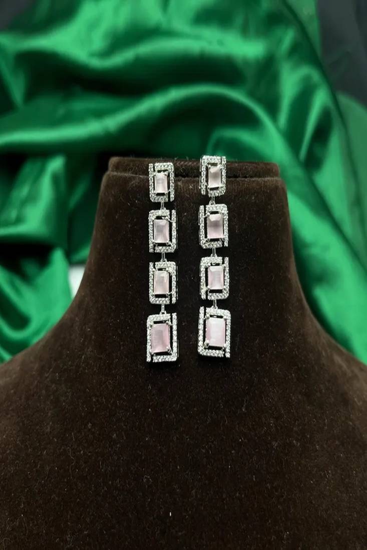 Art Deco Rose Pink Square Drop Earrings, Silver Cubic Zirconia Statement Dangle