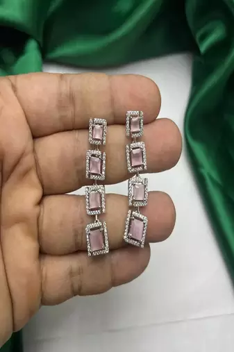 Art Deco Rose Pink Square Drop Earrings, Silver Cubic Zirconia Statement Dangle