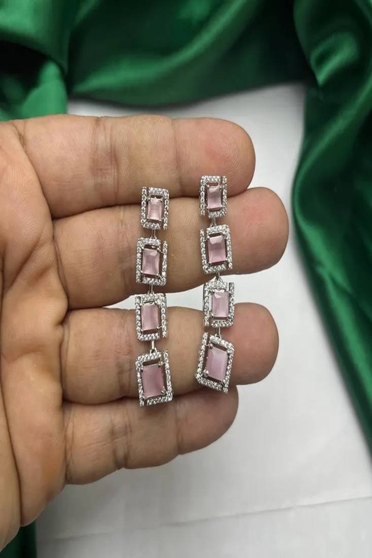 Art Deco Rose Pink Square Drop Earrings, Silver Cubic Zirconia Statement Dangle