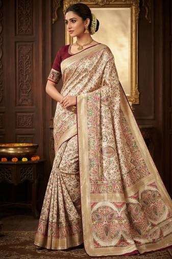 White Kasmiri Motif Jungal Flowers Jaal Weaving With Naylon Viscose Kasmiri Pasmina Silk Saree