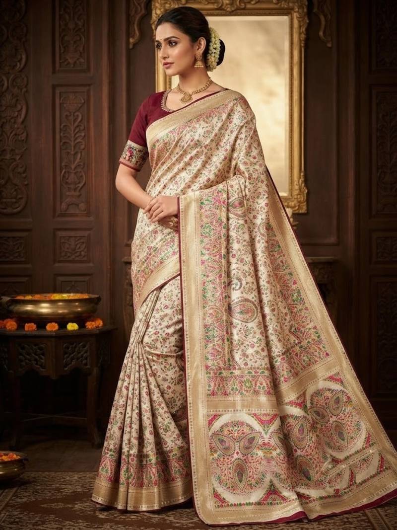 White Color Kasmiri Motif Jungal Flowers Jaal Weaving With Naylon Viscose Kasmiri Pasmina Silk Saree