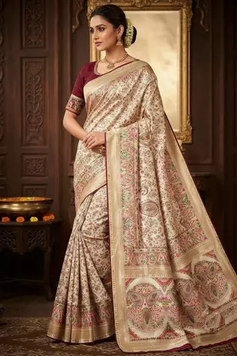 White Color Kasmiri Motif Jungal Flowers Jaal Weaving With Naylon Viscose Kasmiri Pasmina Silk Saree