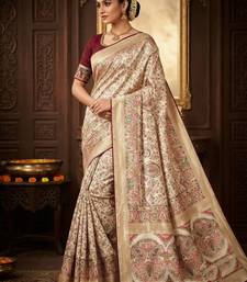 White Color Kasmiri Motif Jungal Flowers Jaal Weaving With Naylon Viscose Kasmiri Pasmina Silk Saree