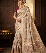 White Color Kasmiri Motif Jungal Flowers Jaal Weaving With Naylon Viscose Kasmiri Pasmina Silk Saree