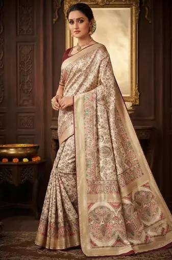 White Color Kasmiri Motif Jungal Flowers Jaal Weaving With Naylon Viscose Kasmiri Pasmina Silk Saree