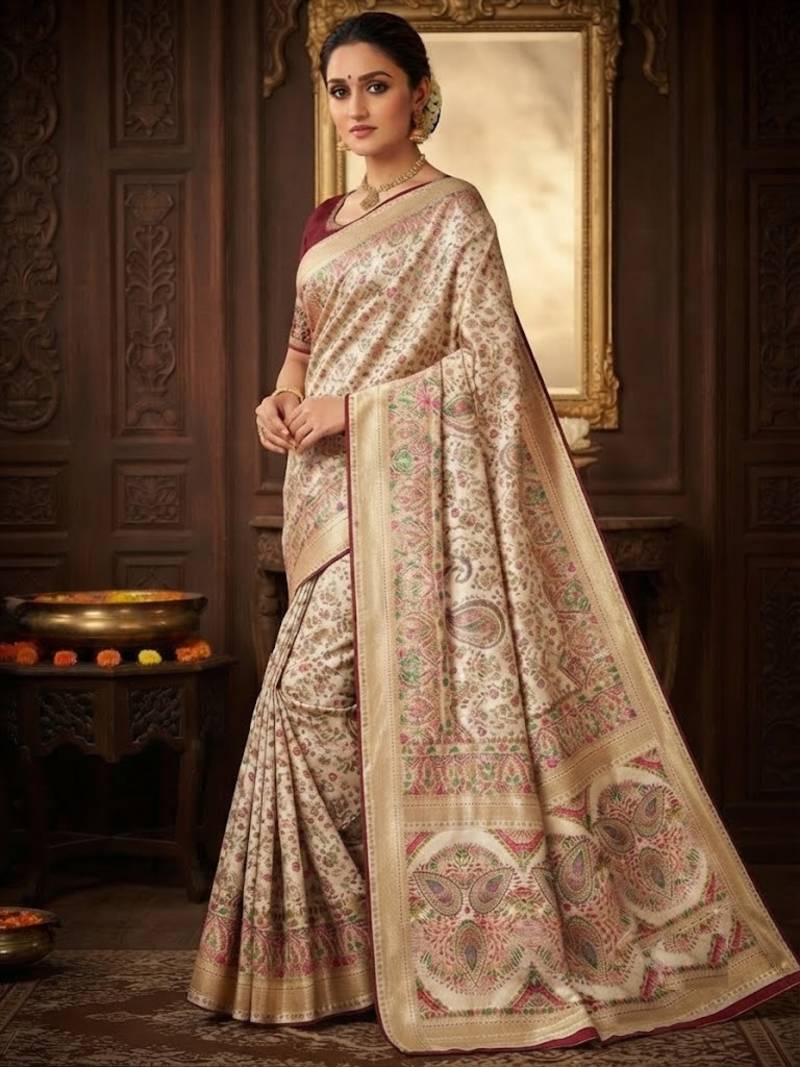 White Color Kasmiri Motif Jungal Flowers Jaal Weaving With Naylon Viscose Kasmiri Pasmina Silk Saree