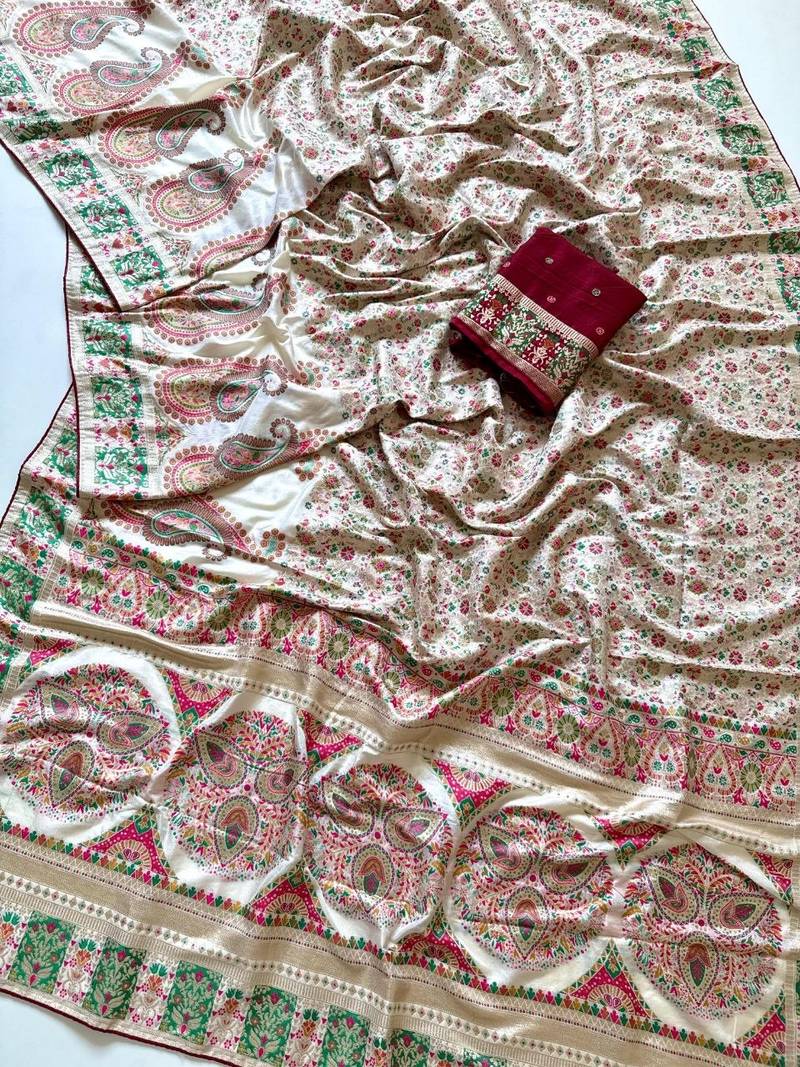 White Color Kasmiri Motif Jungal Flowers Jaal Weaving With Naylon Viscose Kasmiri Pasmina Silk Saree