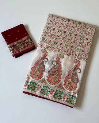 White Color Kasmiri Motif Jungal Flowers Jaal Weaving With Naylon Viscose Kasmiri Pasmina Silk Saree 4