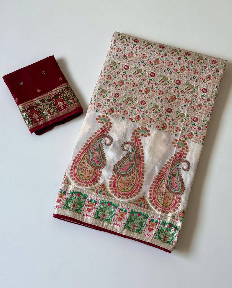 White Color Kasmiri Motif Jungal Flowers Jaal Weaving With Naylon Viscose Kasmiri Pasmina Silk Saree