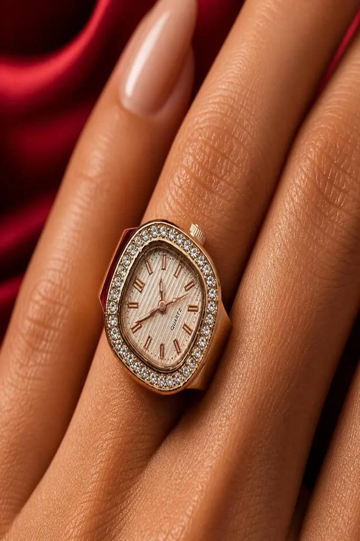 Gold CZ Diamond Encrusted Watch Ring: Elegant Quartz Statement Jewelry