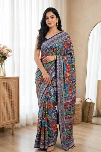 New Ultra Creap With Position Print And Real Mirror Work Saree With Blouse Set For Women's
