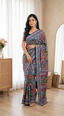 New Ultra Creap With Position Print And Real Mirror Work Saree With Blouse Set For Women's 1
