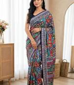 New Ultra Creap With Position Print And Real Mirror Work Saree With Blouse Set For Women's