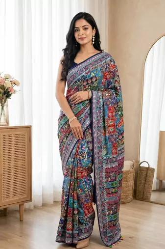 New Ultra Creap With Position Print And Real Mirror Work Saree With Blouse Set For Women's