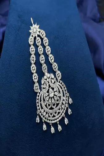 Silver Cubic Zirconia Jhumar Passa: Pakistani Style Bridal Tikka