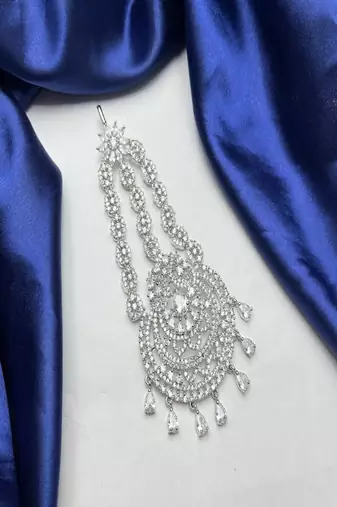 Silver Cubic Zirconia Jhumar Passa: Pakistani Style Bridal Tikka