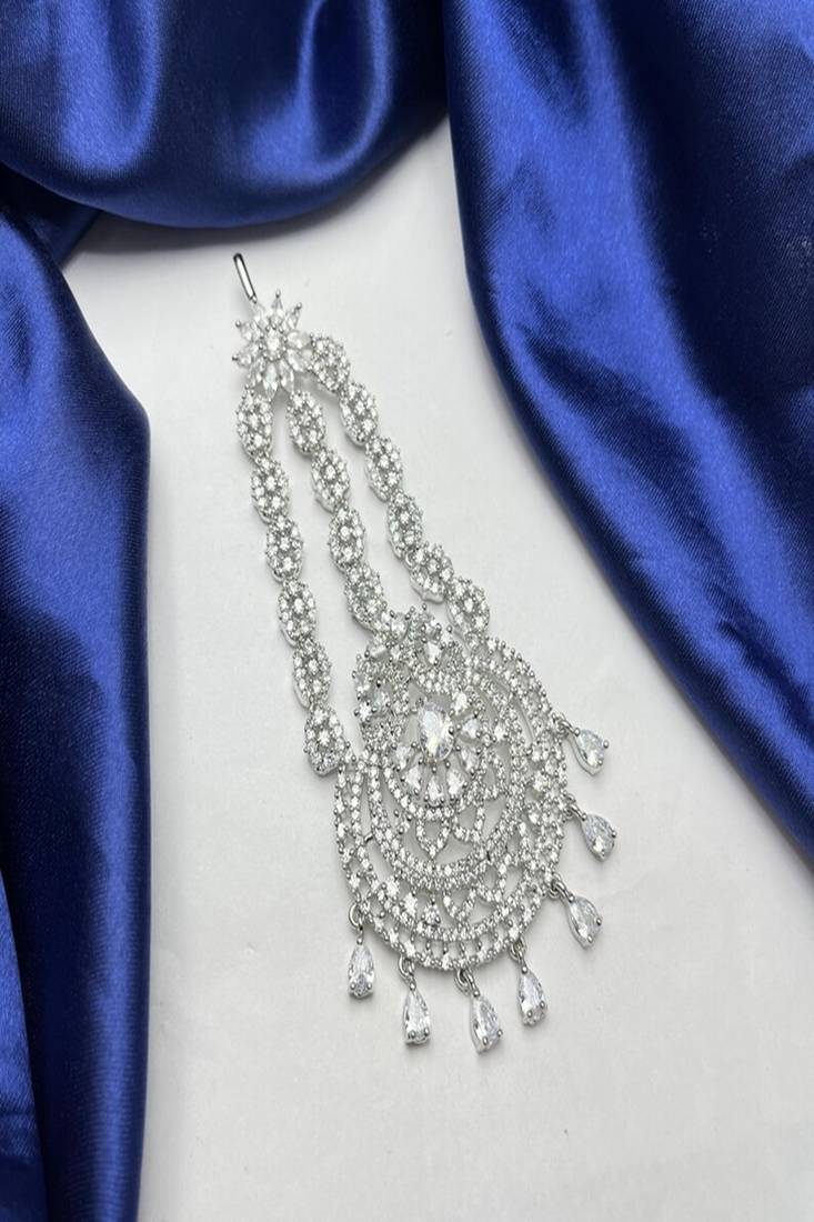Silver Cubic Zirconia Jhumar Passa: Pakistani Style Bridal Tikka