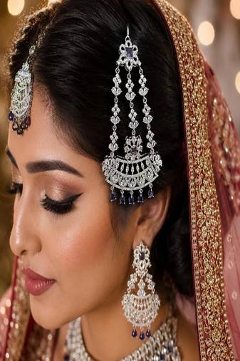 Elegant Silver-Plated Cubic Zirconia Jhumar Passa | Bridal Hair Accessory with Blue Accents