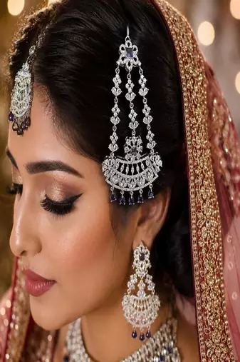 Elegant Silver-Plated Cubic Zirconia Jhumar Passa | Bridal Hair Accessory with Blue Accents