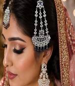 Elegant Silver-Plated Cubic Zirconia Jhumar Passa | Bridal Hair Accessory with Blue Accents