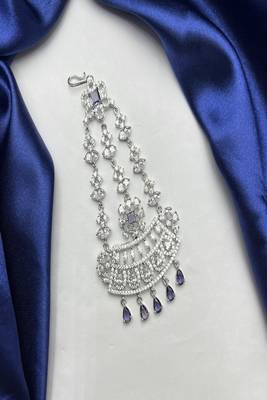 Elegant Silver-Plated Cubic Zirconia Jhumar Passa | Bridal Hair Accessory with Blue Accents 2