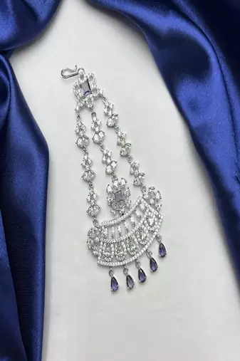 Elegant Silver-Plated Cubic Zirconia Jhumar Passa | Bridal Hair Accessory with Blue Accents