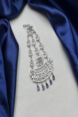 Elegant Silver-Plated Cubic Zirconia Jhumar Passa | Bridal Hair Accessory with Blue Accents 3
