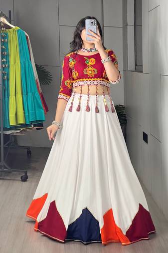 White rayon cotton party wear embroidery navratri lehenga choli